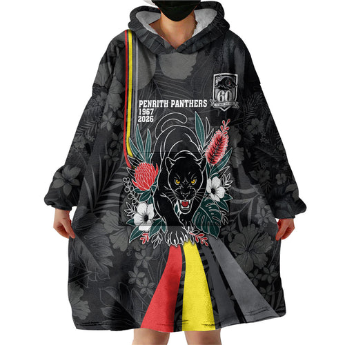Penrith Panthers 60th Anniversary Custom Wearable Blanket Hoodie Native Australian Protea And Hibiscus Tropical Floral