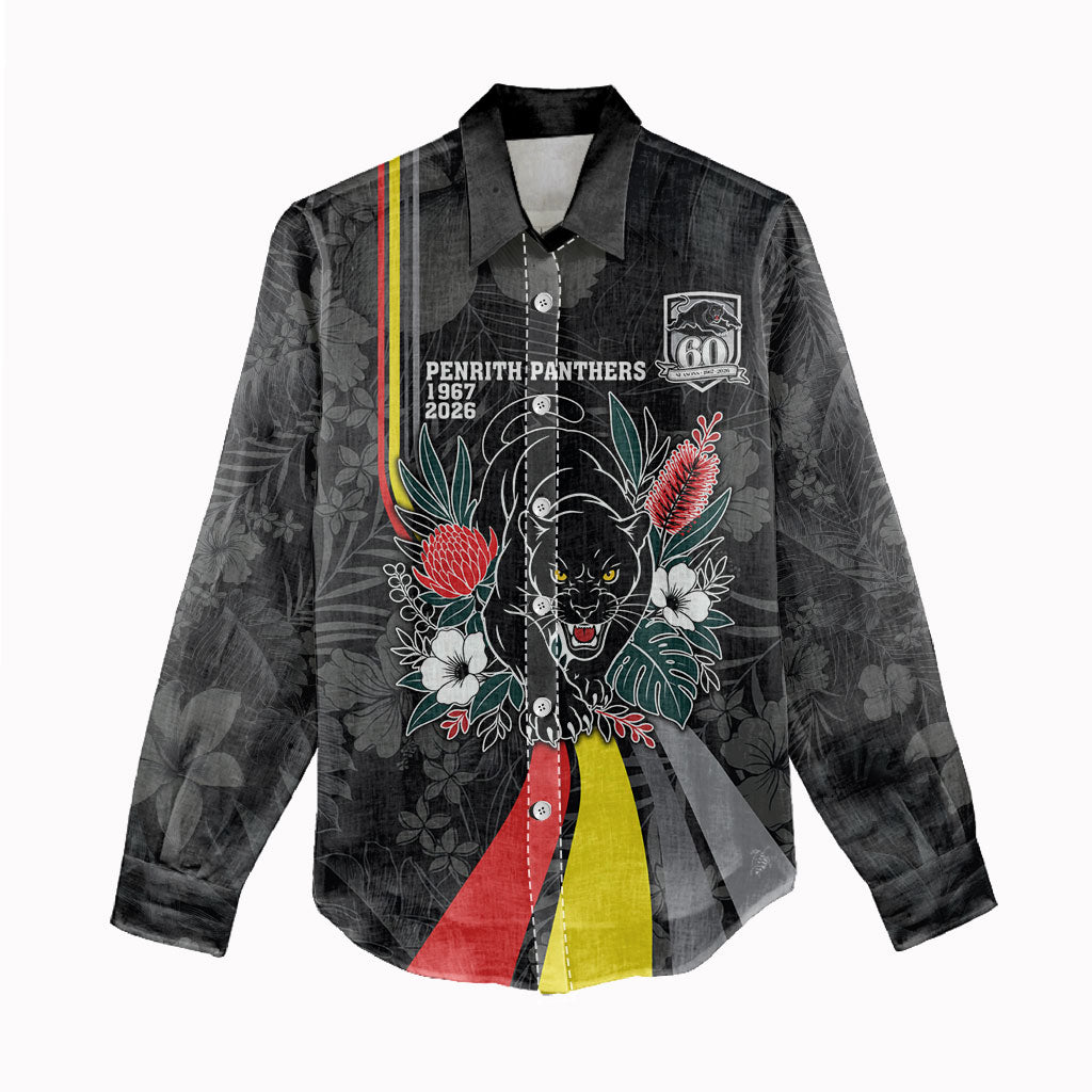 Penrith Panthers 60th Anniversary Custom Women Casual Shirt Native Australian Protea And Hibiscus Tropical Floral