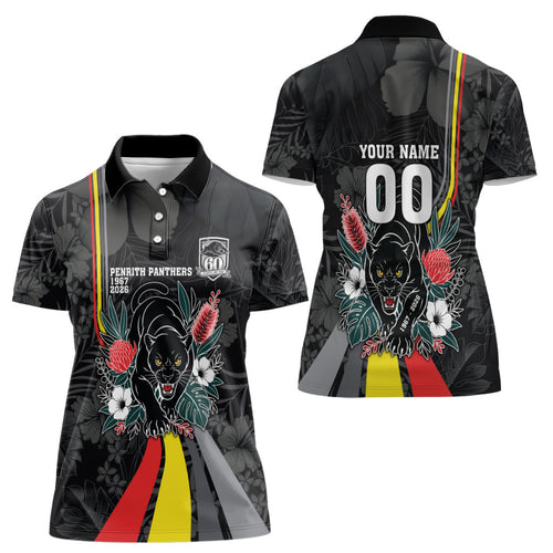 Penrith Panthers 60th Anniversary Custom Women Polo Shirt Native Australian Protea And Hibiscus Tropical Floral