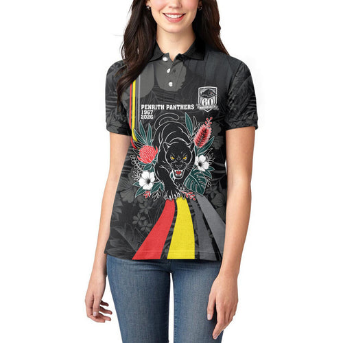 Penrith Panthers 60th Anniversary Custom Women Polo Shirt Native Australian Protea And Hibiscus Tropical Floral