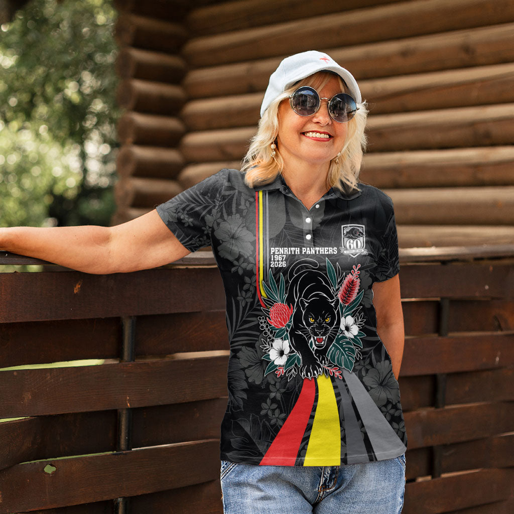 Penrith Panthers 60th Anniversary Custom Women Polo Shirt Native Australian Protea And Hibiscus Tropical Floral