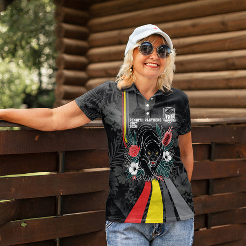 Penrith Panthers 60th Anniversary Custom Women Polo Shirt Native Australian Protea And Hibiscus Tropical Floral