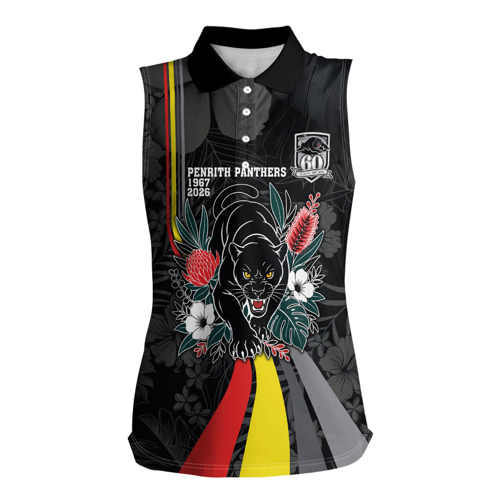 Penrith Panthers 60th Anniversary Custom Women Sleeveless Polo Shirt Native Australian Protea And Hibiscus Tropical Floral