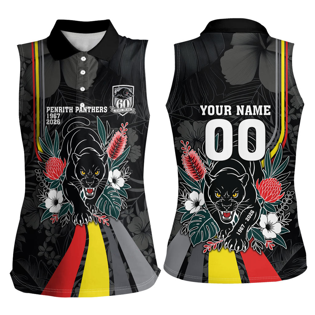Penrith Panthers 60th Anniversary Custom Women Sleeveless Polo Shirt Native Australian Protea And Hibiscus Tropical Floral