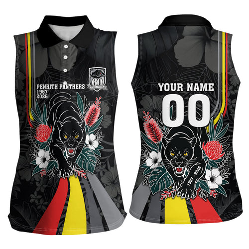 Penrith Panthers 60th Anniversary Custom Women Sleeveless Polo Shirt Native Australian Protea And Hibiscus Tropical Floral