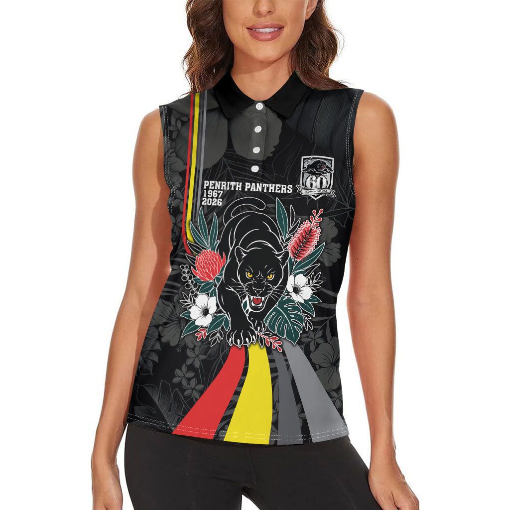 Penrith Panthers 60th Anniversary Custom Women Sleeveless Polo Shirt Native Australian Protea And Hibiscus Tropical Floral
