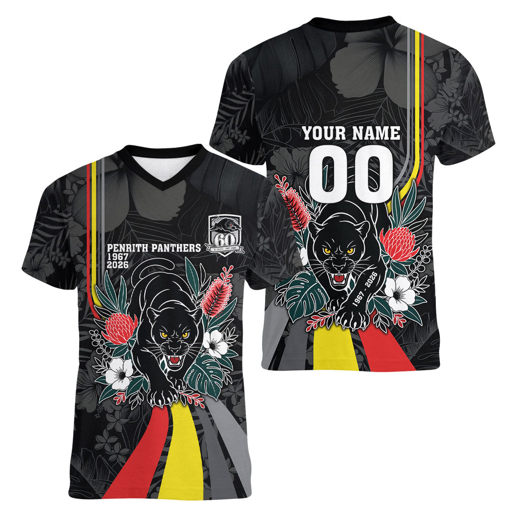 Penrith Panthers 60th Anniversary Custom Women V-Neck T-Shirt Native Australian Protea And Hibiscus Tropical Floral