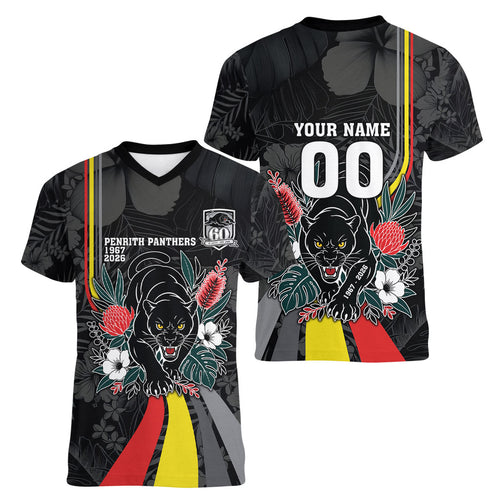 Penrith Panthers 60th Anniversary Custom Women V-Neck T-Shirt Native Australian Protea And Hibiscus Tropical Floral