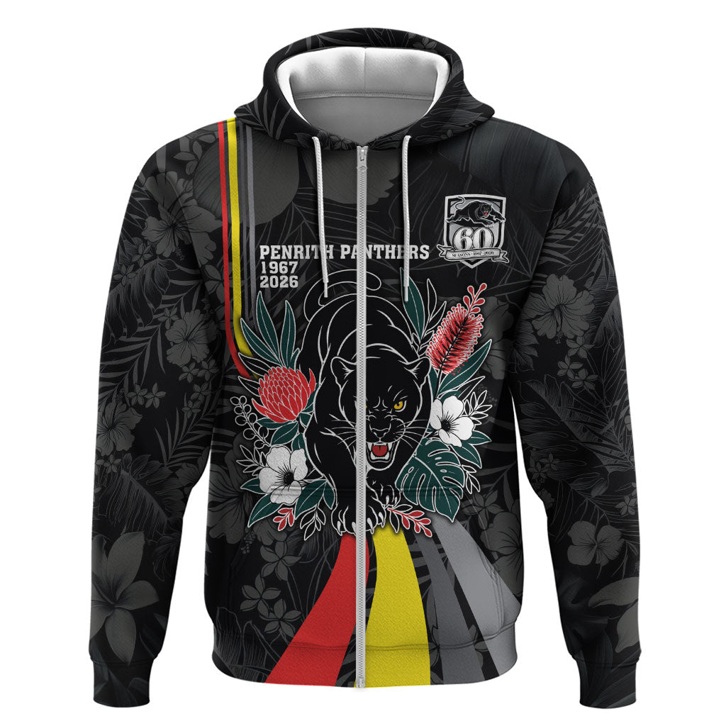 Penrith Panthers 60th Anniversary Custom Zip Hoodie Native Australian Protea And Hibiscus Tropical Floral