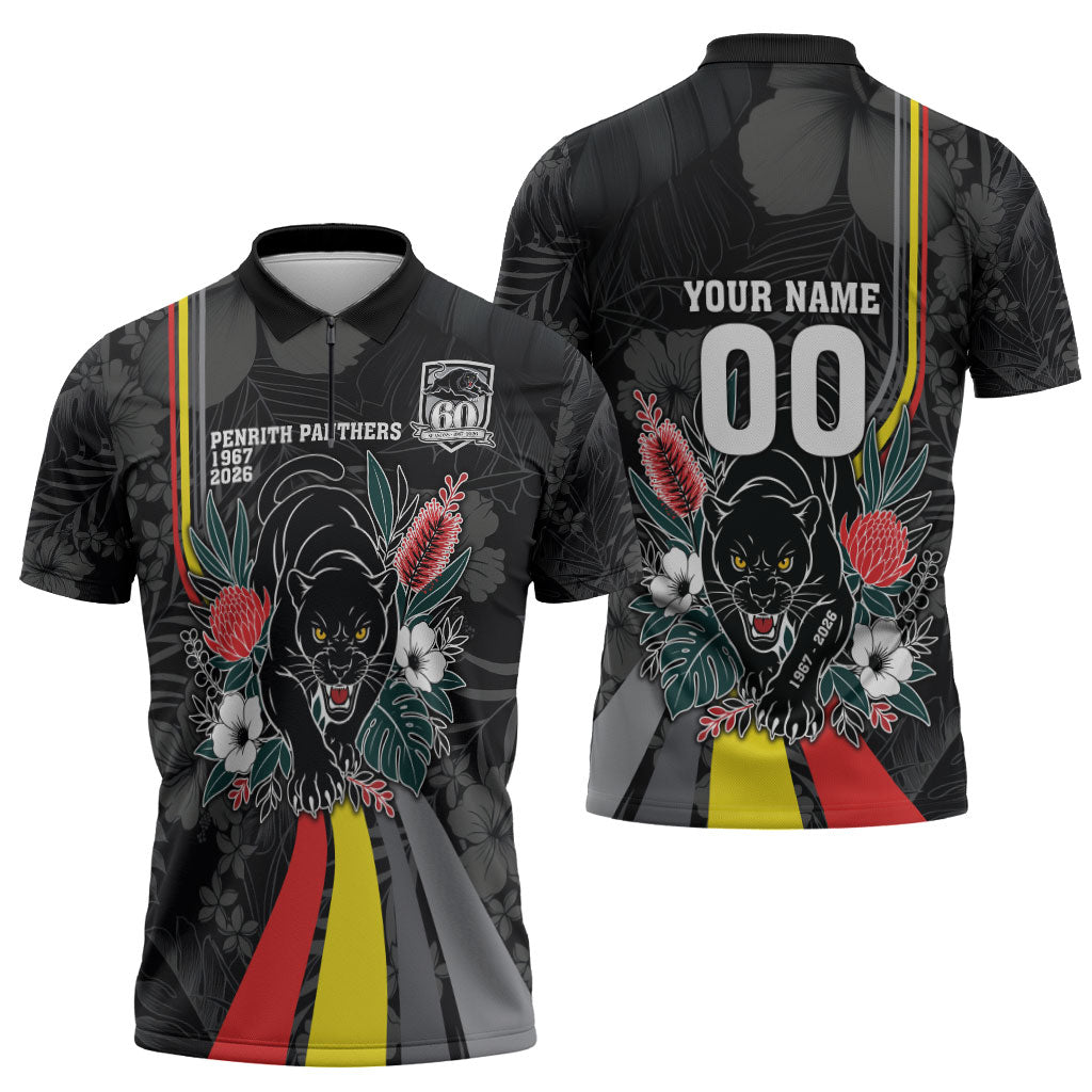 Penrith Panthers 60th Anniversary Custom Zipper Polo Shirt Native Australian Protea And Hibiscus Tropical Floral