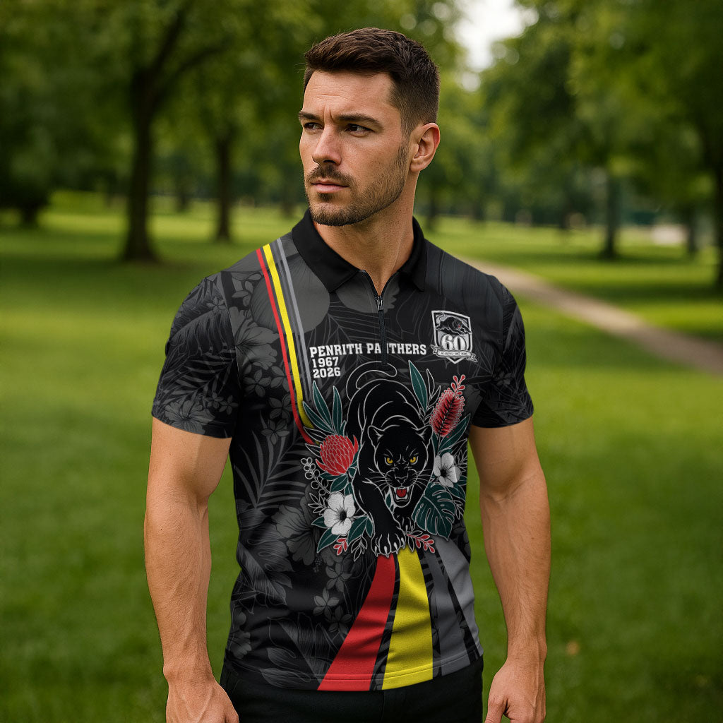 Penrith Panthers 60th Anniversary Custom Zipper Polo Shirt Native Australian Protea And Hibiscus Tropical Floral
