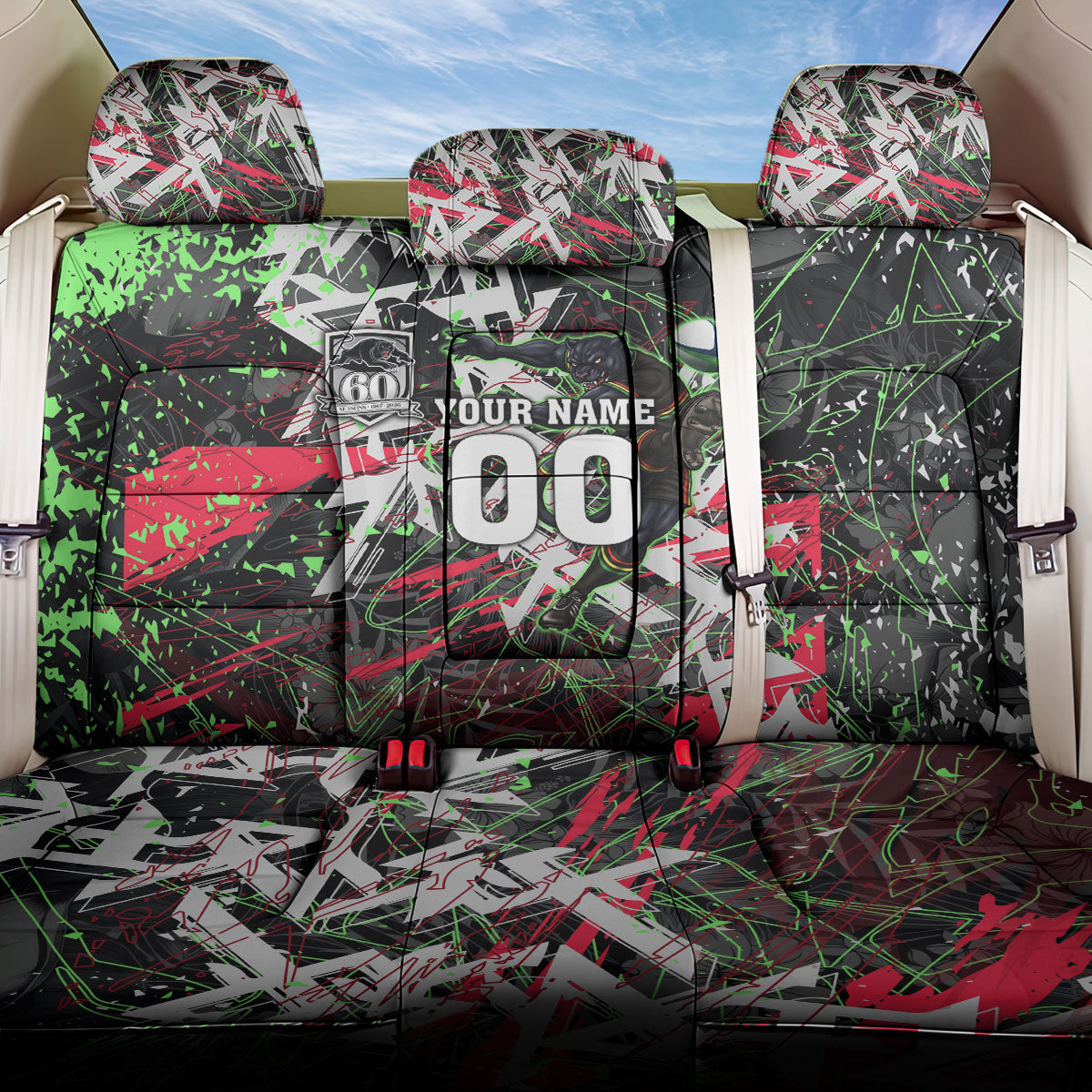 Personalised Penrith Panthers 60th Anniversary Back Car Seat Cover Abstract Graffiti - Dynamic Mascot Illustration 2026
