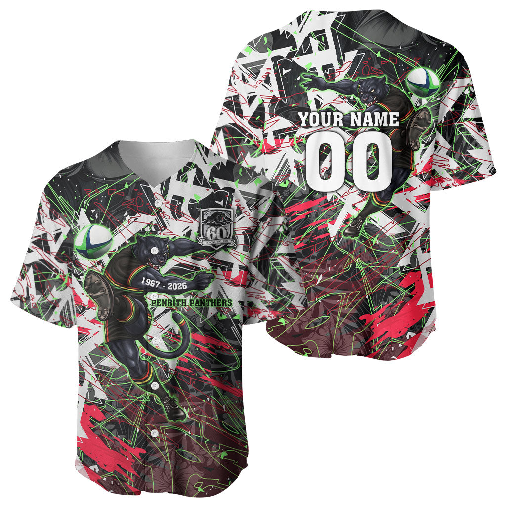 Personalised Penrith Panthers 60th Anniversary Baseball Jersey Abstract Graffiti - Dynamic Mascot Illustration 2026