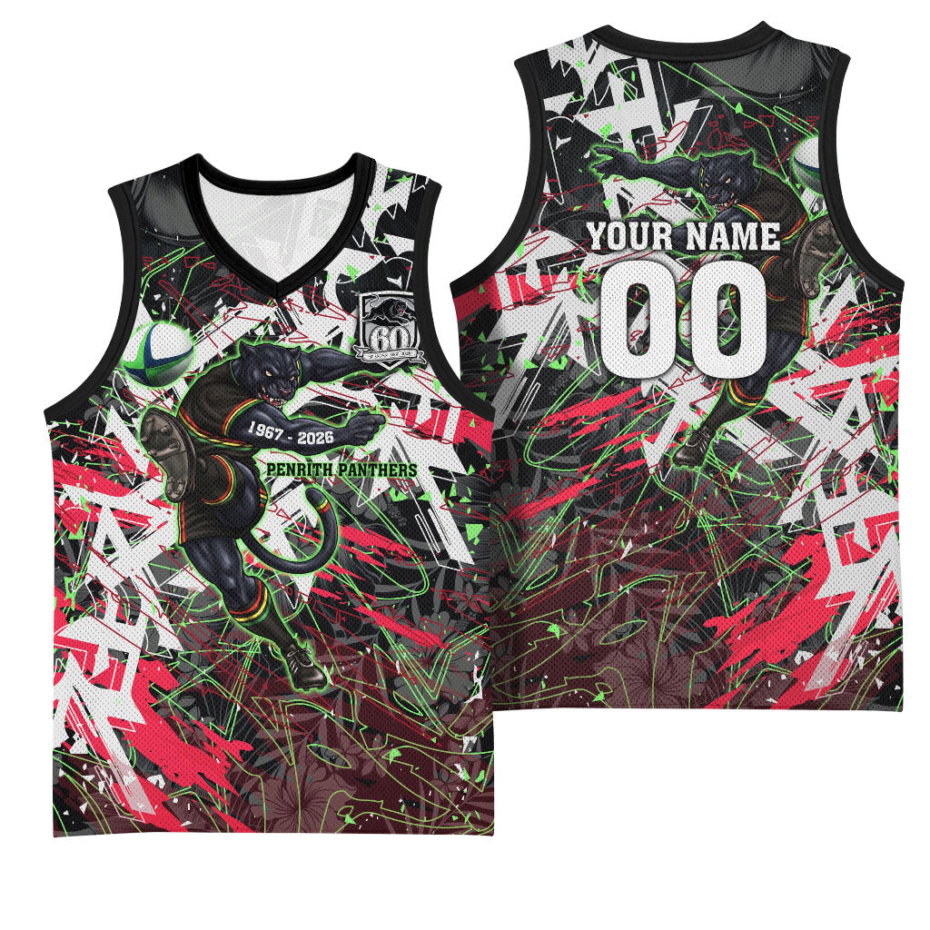 Personalised Penrith Panthers 60th Anniversary Basketball Jersey Abstract Graffiti - Dynamic Mascot Illustration 2026