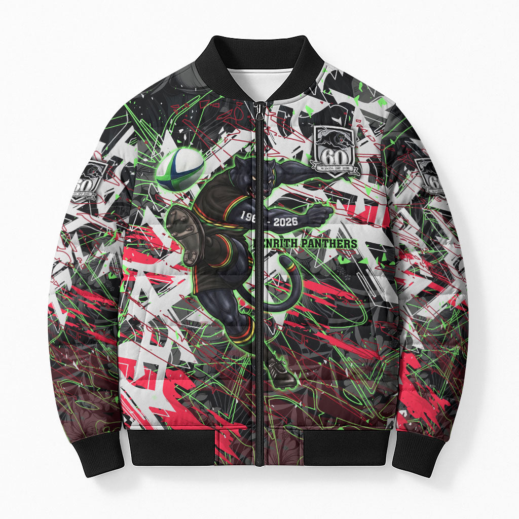 Personalised Penrith Panthers 60th Anniversary Bomber Puffer Jacket Abstract Graffiti - Dynamic Mascot Illustration 2026