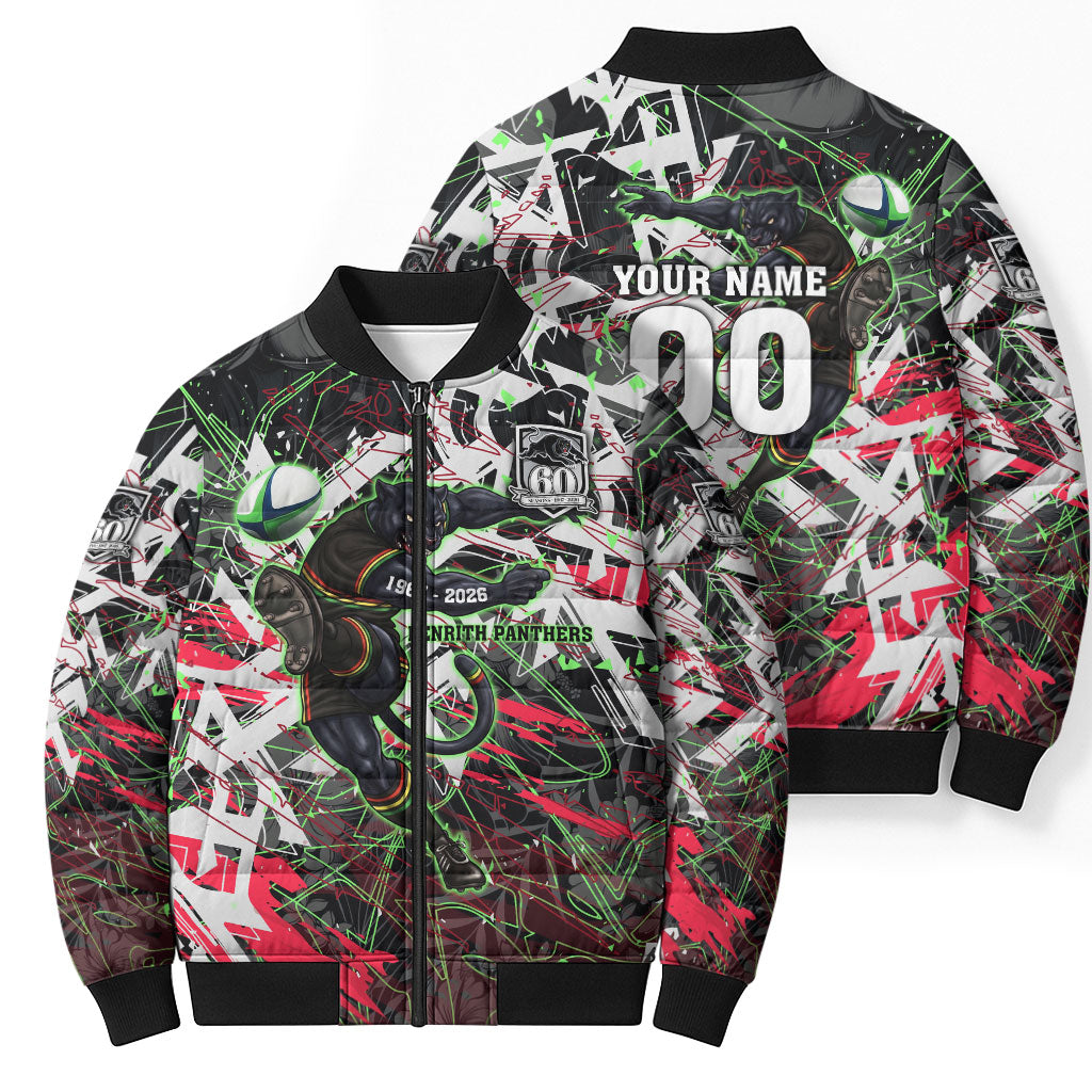 Personalised Penrith Panthers 60th Anniversary Bomber Puffer Jacket Abstract Graffiti - Dynamic Mascot Illustration 2026