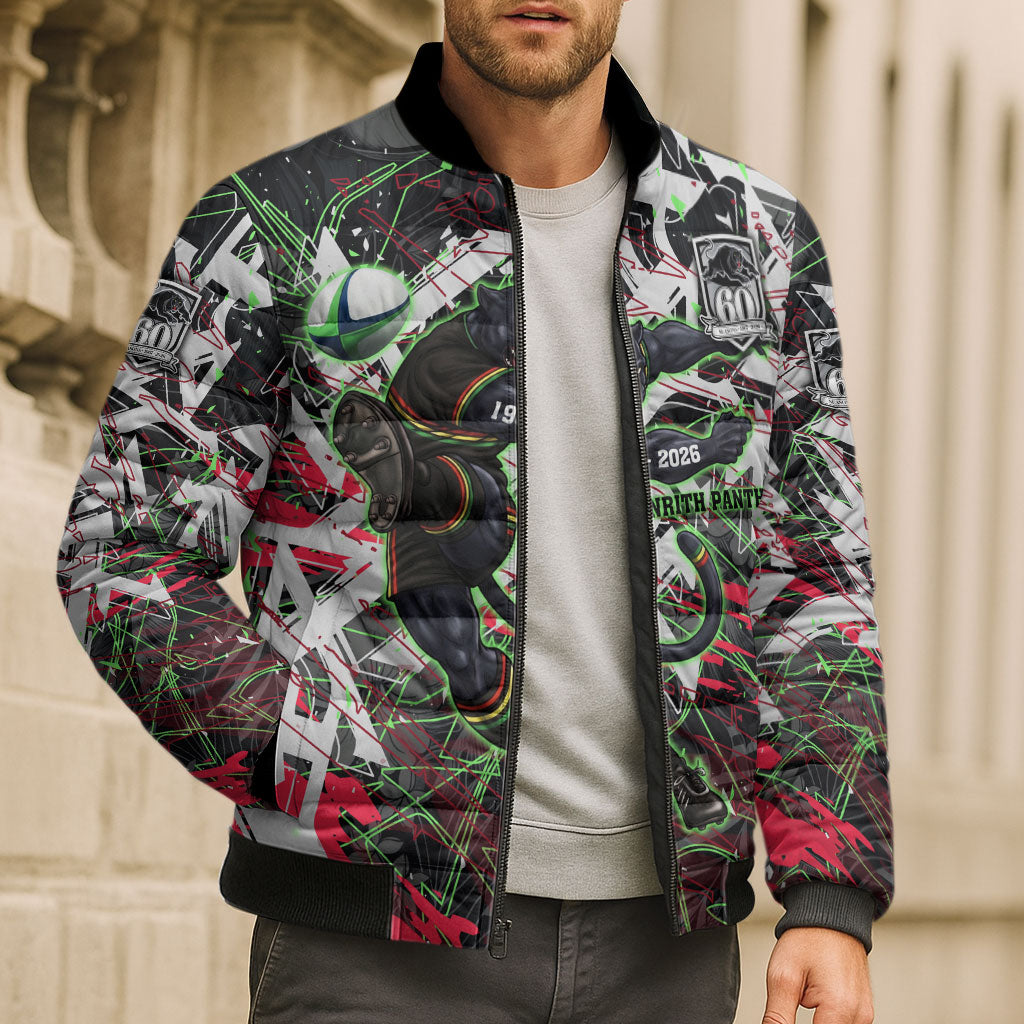 Personalised Penrith Panthers 60th Anniversary Bomber Puffer Jacket Abstract Graffiti - Dynamic Mascot Illustration 2026