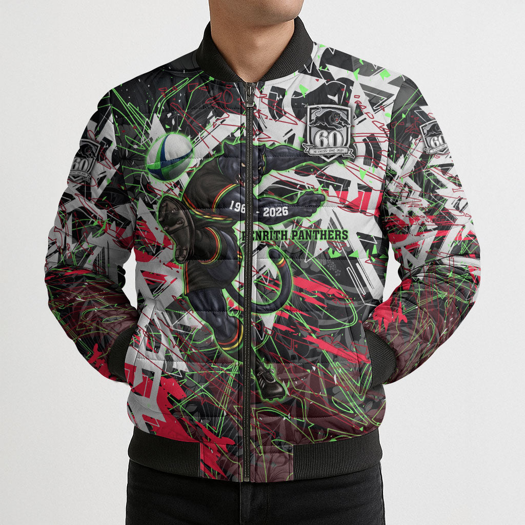 Personalised Penrith Panthers 60th Anniversary Bomber Puffer Jacket Abstract Graffiti - Dynamic Mascot Illustration 2026