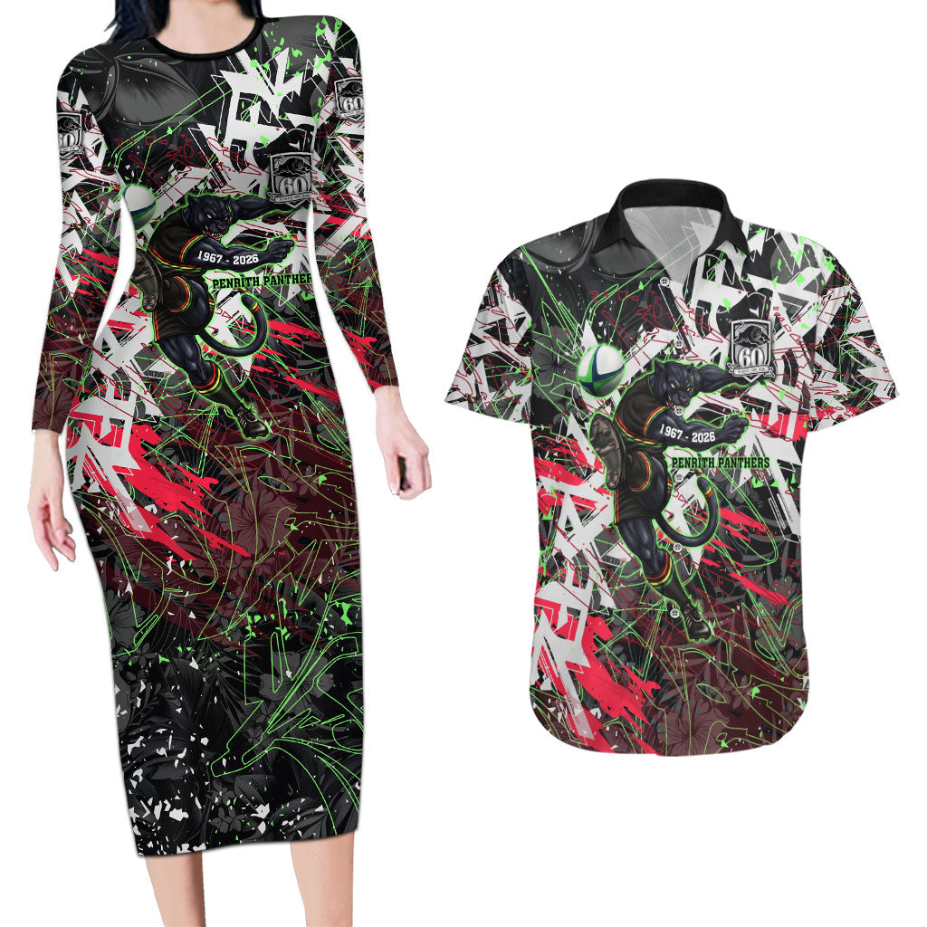 Personalised Penrith Panthers 60th Anniversary Couples Matching Long Sleeve Bodycon Dress and Hawaiian Shirt Abstract Graffiti - Dynamic Mascot Illustration 2026