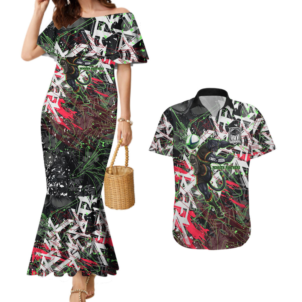 Personalised Penrith Panthers 60th Anniversary Couples Matching Mermaid Dress and Hawaiian Shirt Abstract Graffiti - Dynamic Mascot Illustration 2026