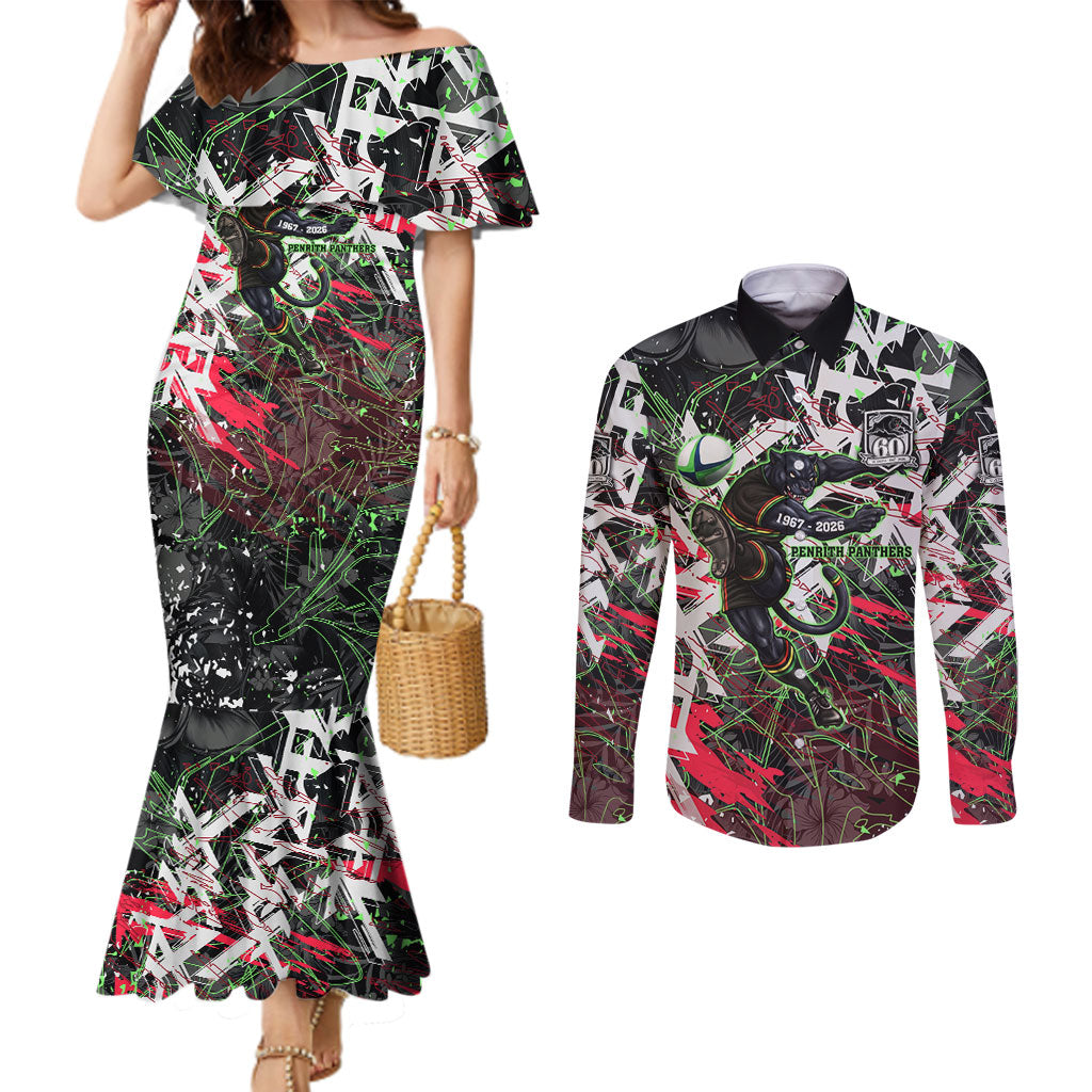 Personalised Penrith Panthers 60th Anniversary Couples Matching Mermaid Dress and Long Sleeve Button Shirt Abstract Graffiti - Dynamic Mascot Illustration 2026