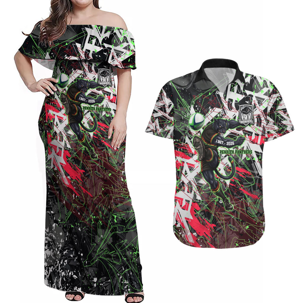 Personalised Penrith Panthers 60th Anniversary Couples Matching Off Shoulder Maxi Dress and Hawaiian Shirt Abstract Graffiti - Dynamic Mascot Illustration 2026