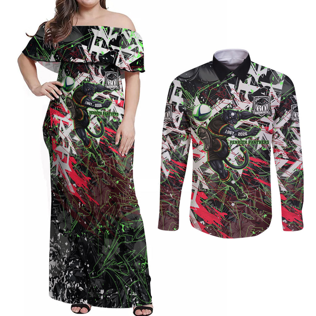 Personalised Penrith Panthers 60th Anniversary Couples Matching Off Shoulder Maxi Dress and Long Sleeve Button Shirt Abstract Graffiti - Dynamic Mascot Illustration 2026