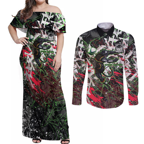 Personalised Penrith Panthers 60th Anniversary Couples Matching Off Shoulder Maxi Dress and Long Sleeve Button Shirt Abstract Graffiti - Dynamic Mascot Illustration 2026