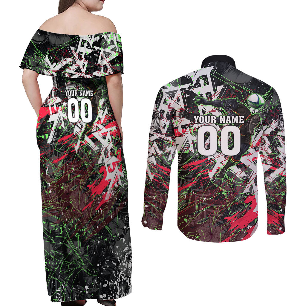 Personalised Penrith Panthers 60th Anniversary Couples Matching Off Shoulder Maxi Dress and Long Sleeve Button Shirt Abstract Graffiti - Dynamic Mascot Illustration 2026