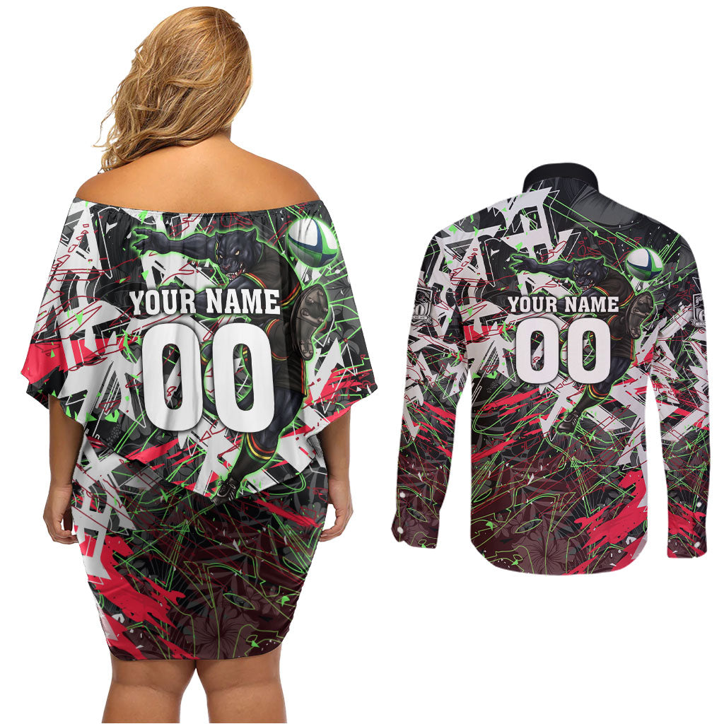 Personalised Penrith Panthers 60th Anniversary Couples Matching Off Shoulder Short Dress and Long Sleeve Button Shirt Abstract Graffiti - Dynamic Mascot Illustration 2026