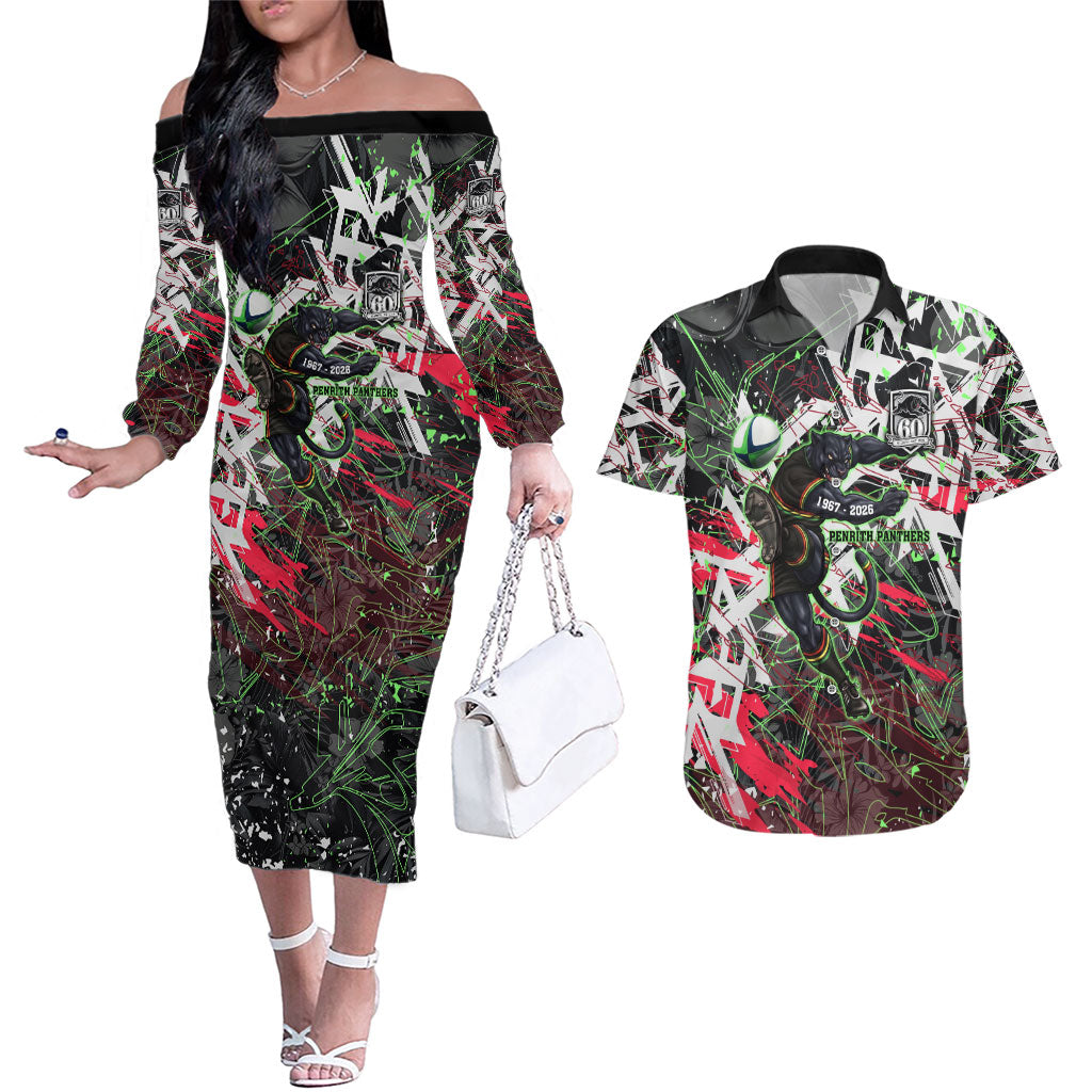 Personalised Penrith Panthers 60th Anniversary Couples Matching Off The Shoulder Long Sleeve Dress and Hawaiian Shirt Abstract Graffiti - Dynamic Mascot Illustration 2026