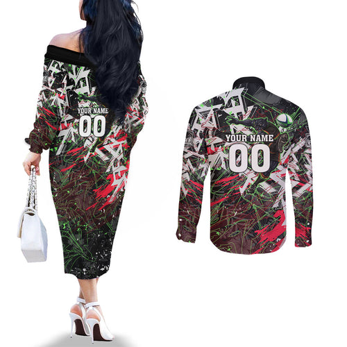 Personalised Penrith Panthers 60th Anniversary Couples Matching Off The Shoulder Long Sleeve Dress and Long Sleeve Button Shirt Abstract Graffiti - Dynamic Mascot Illustration 2026
