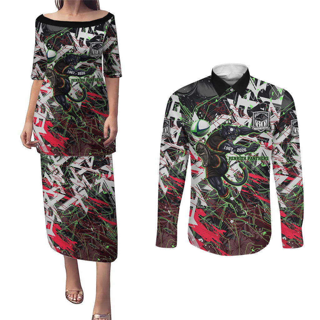 Personalised Penrith Panthers 60th Anniversary Couples Matching Puletasi and Long Sleeve Button Shirt Abstract Graffiti - Dynamic Mascot Illustration 2026