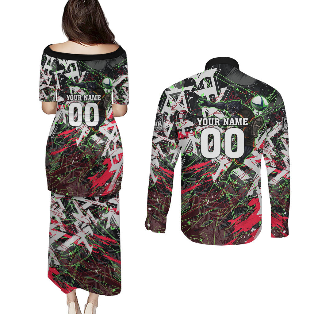 Personalised Penrith Panthers 60th Anniversary Couples Matching Puletasi and Long Sleeve Button Shirt Abstract Graffiti - Dynamic Mascot Illustration 2026