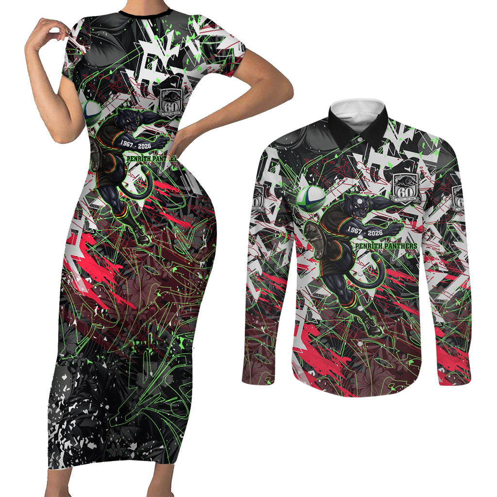 Personalised Penrith Panthers 60th Anniversary Couples Matching Short Sleeve Bodycon Dress and Long Sleeve Button Shirt Abstract Graffiti - Dynamic Mascot Illustration 2026