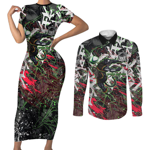 Personalised Penrith Panthers 60th Anniversary Couples Matching Short Sleeve Bodycon Dress and Long Sleeve Button Shirt Abstract Graffiti - Dynamic Mascot Illustration 2026