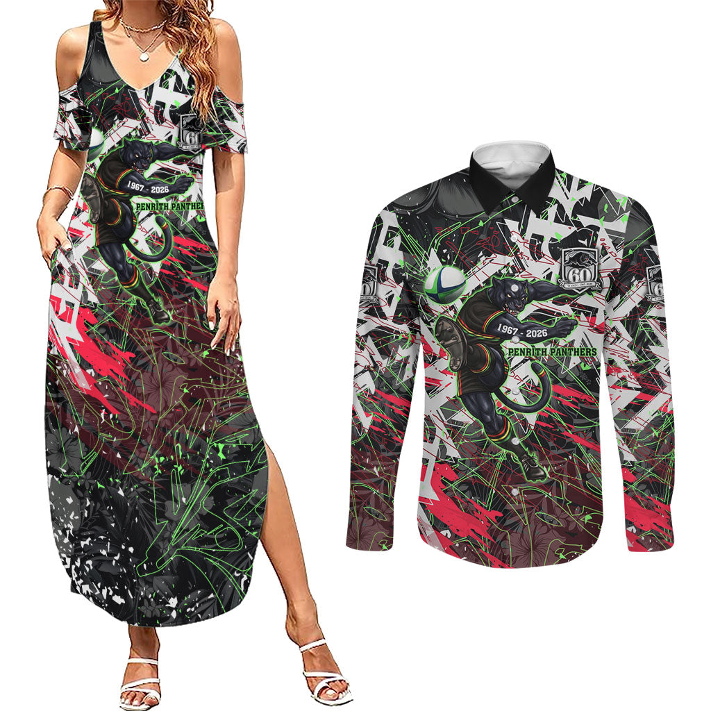 Personalised Penrith Panthers 60th Anniversary Couples Matching Summer Maxi Dress and Long Sleeve Button Shirt Abstract Graffiti - Dynamic Mascot Illustration 2026