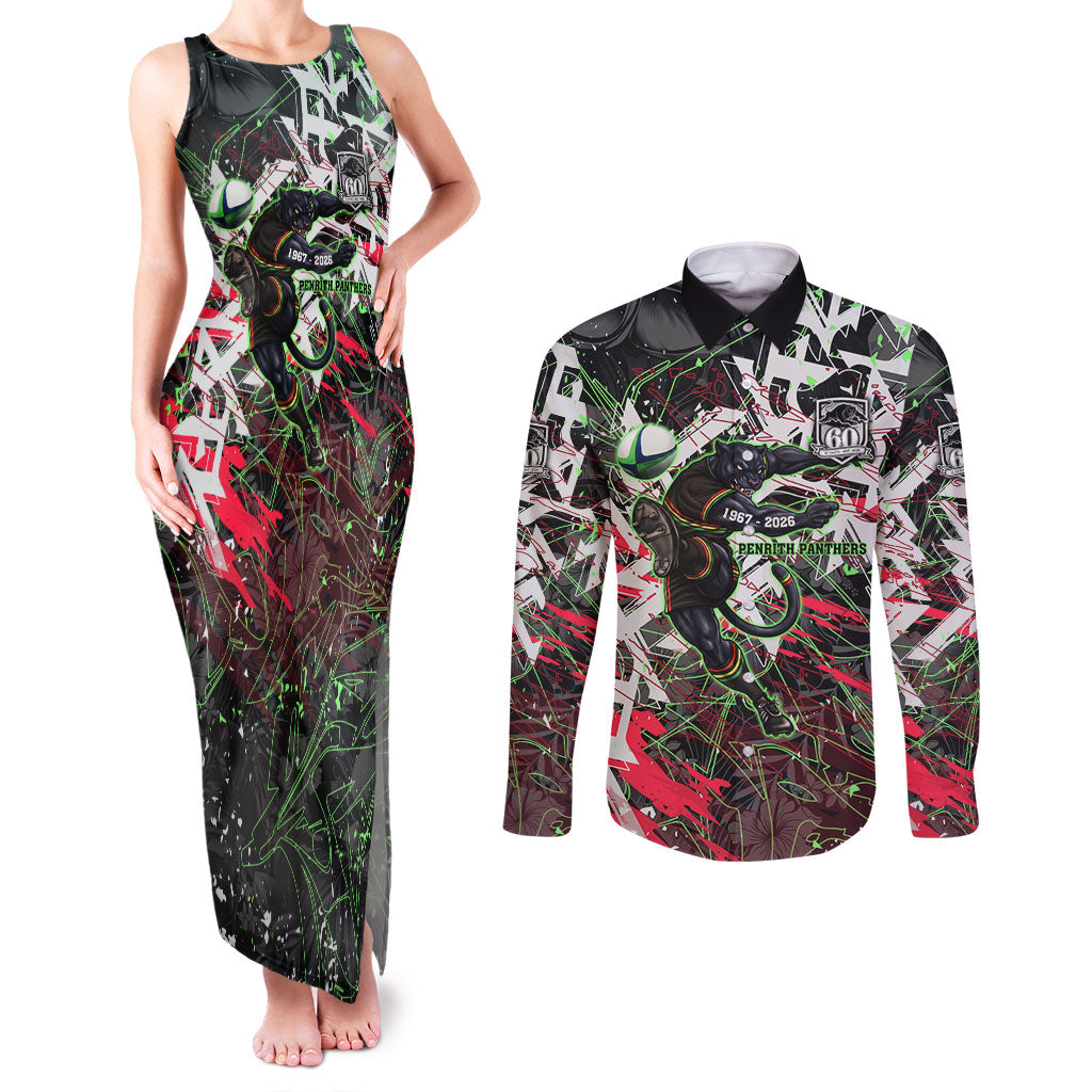 Personalised Penrith Panthers 60th Anniversary Couples Matching Tank Maxi Dress and Long Sleeve Button Shirt Abstract Graffiti - Dynamic Mascot Illustration 2026
