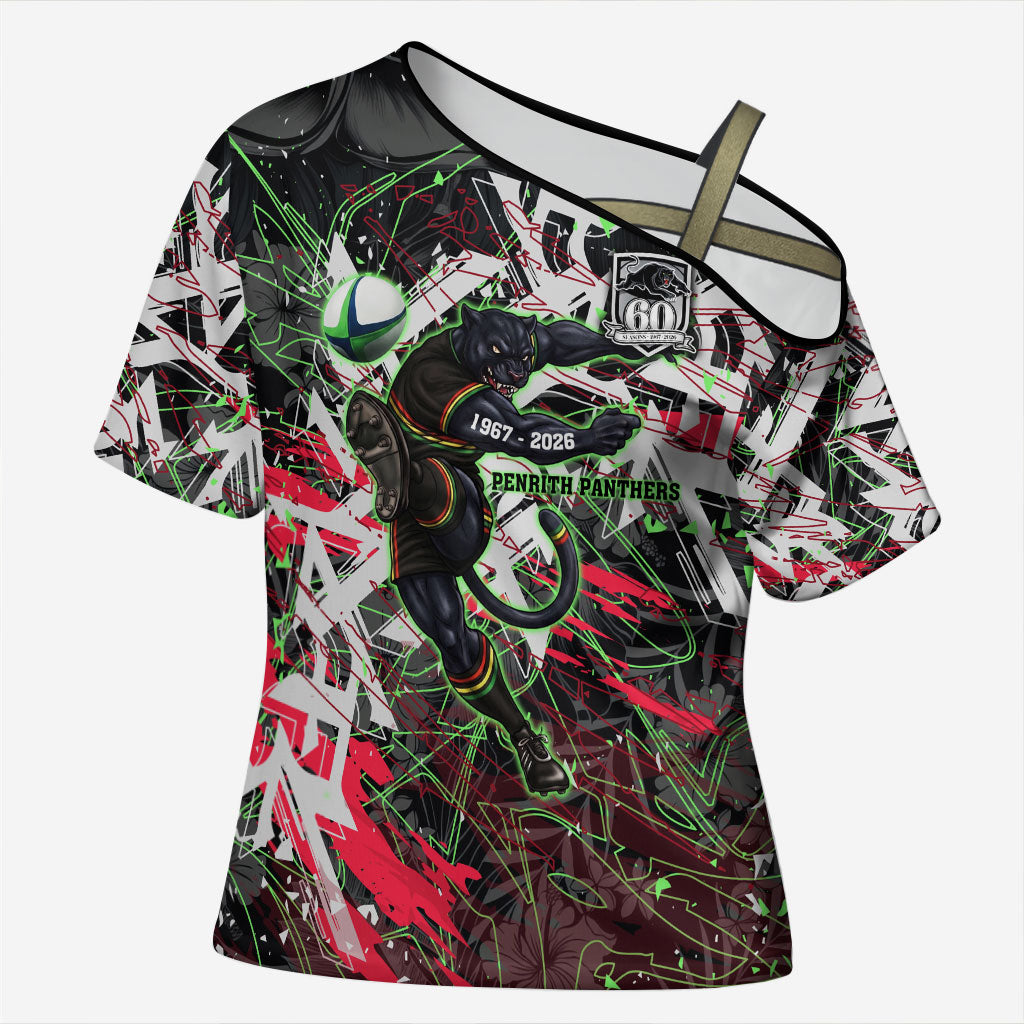 Personalised Penrith Panthers 60th Anniversary Cross Shoulder Shirt Abstract Graffiti - Dynamic Mascot Illustration 2026