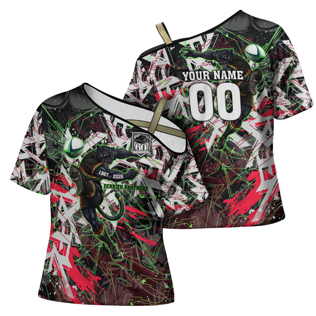 Personalised Penrith Panthers 60th Anniversary Cross Shoulder Shirt Abstract Graffiti - Dynamic Mascot Illustration 2026