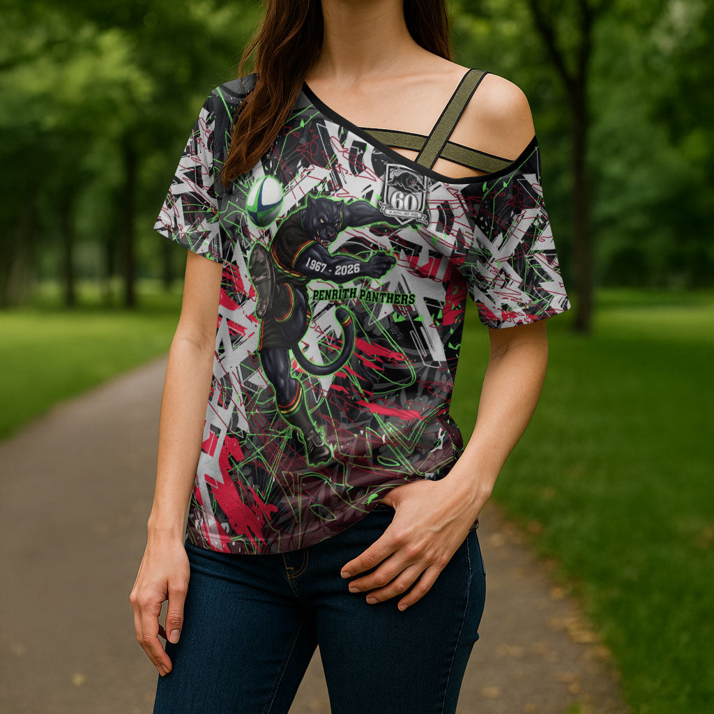 Personalised Penrith Panthers 60th Anniversary Cross Shoulder Shirt Abstract Graffiti - Dynamic Mascot Illustration 2026