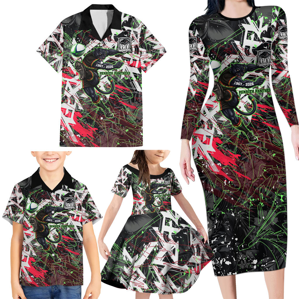 Personalised Penrith Panthers 60th Anniversary Family Matching Long Sleeve Bodycon Dress and Hawaiian Shirt Abstract Graffiti - Dynamic Mascot Illustration 2026