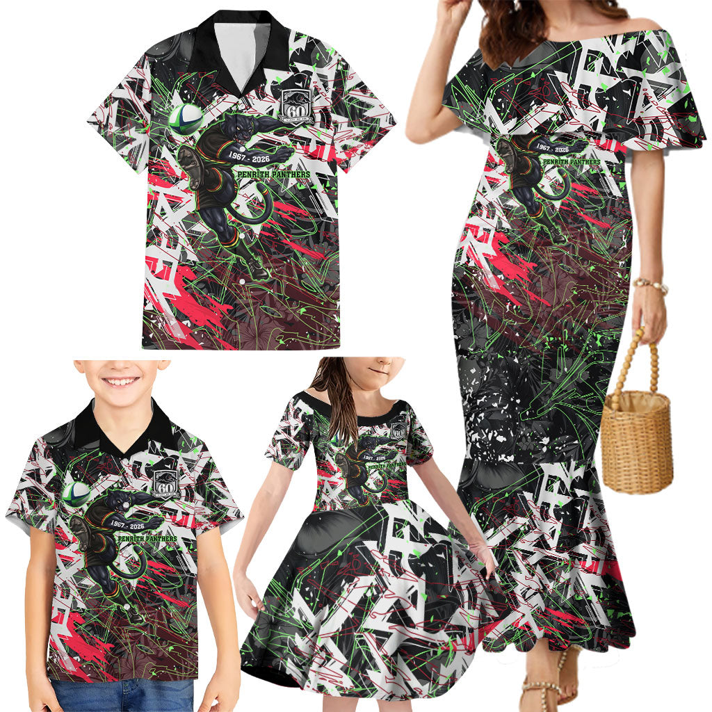 Personalised Penrith Panthers 60th Anniversary Family Matching Mermaid Dress and Hawaiian Shirt Abstract Graffiti - Dynamic Mascot Illustration 2026