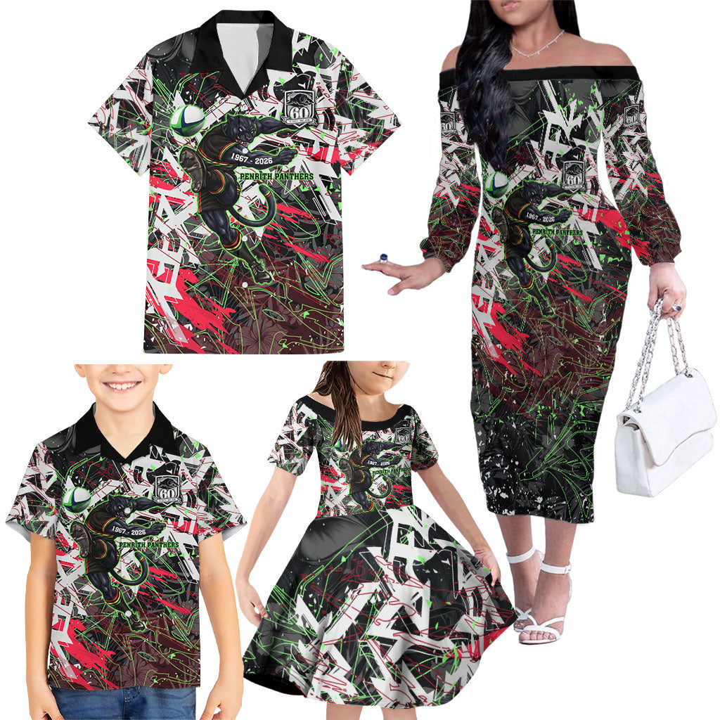 Personalised Penrith Panthers 60th Anniversary Family Matching Off The Shoulder Long Sleeve Dress and Hawaiian Shirt Abstract Graffiti - Dynamic Mascot Illustration 2026