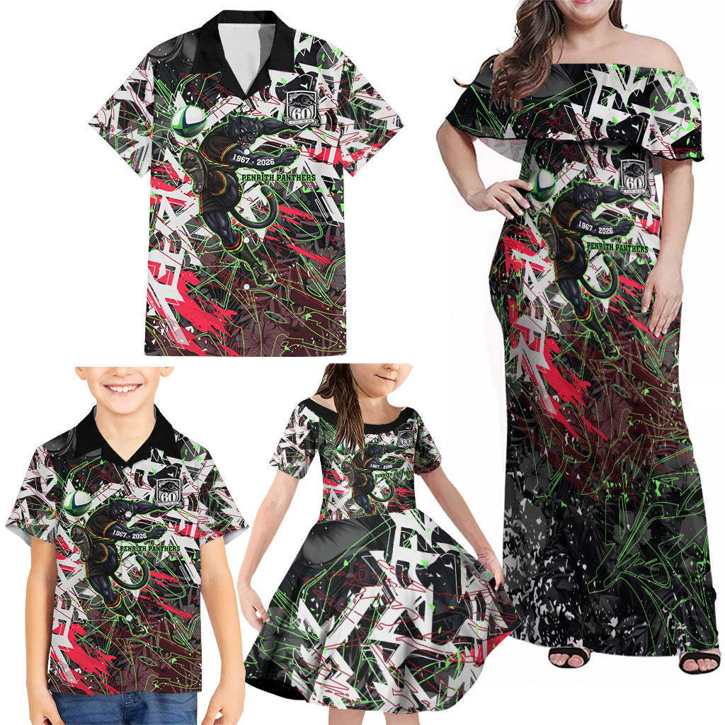 Personalised Penrith Panthers 60th Anniversary Family Matching Off Shoulder Maxi Dress and Hawaiian Shirt Abstract Graffiti - Dynamic Mascot Illustration 2026