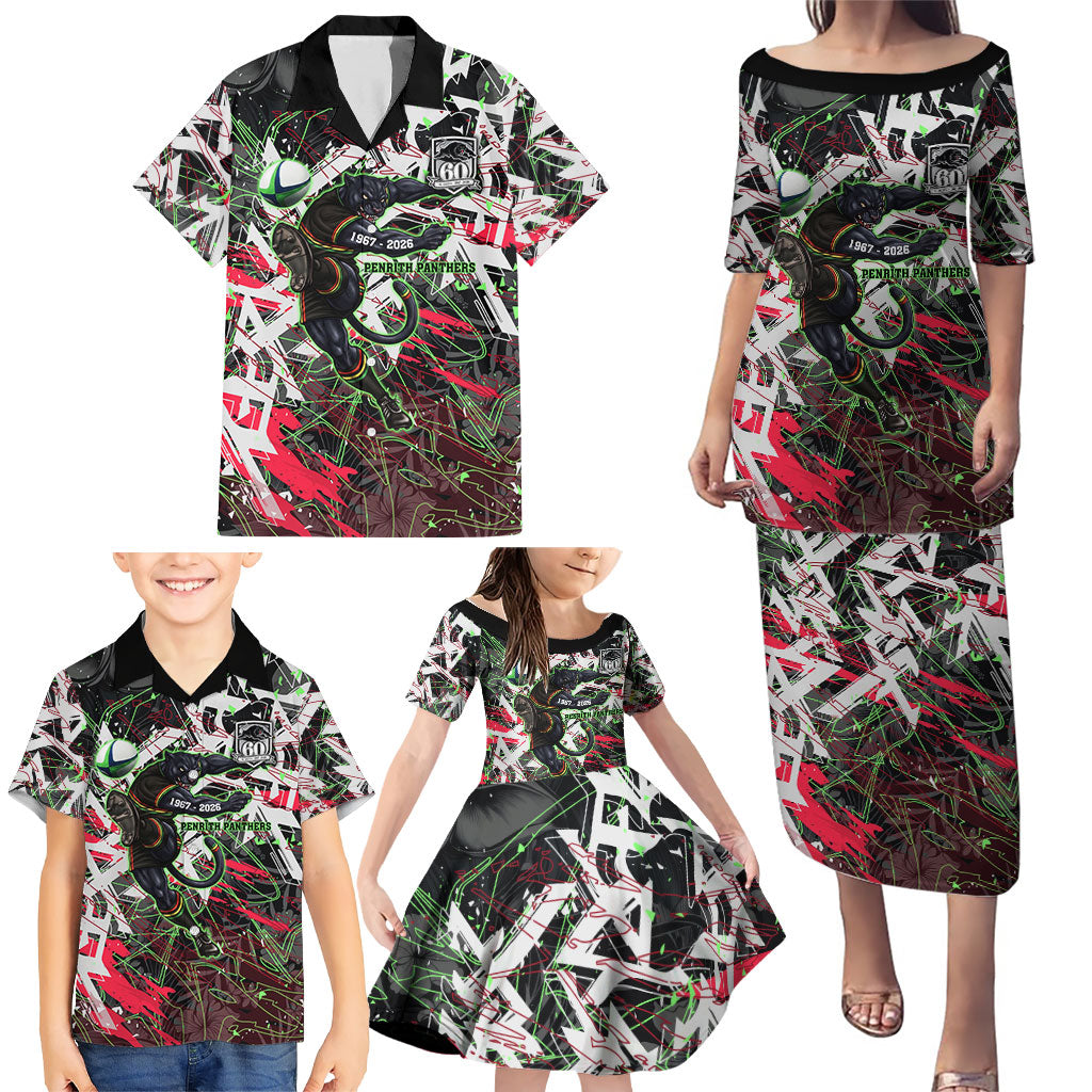 Personalised Penrith Panthers 60th Anniversary Family Matching Puletasi and Hawaiian Shirt Abstract Graffiti - Dynamic Mascot Illustration 2026