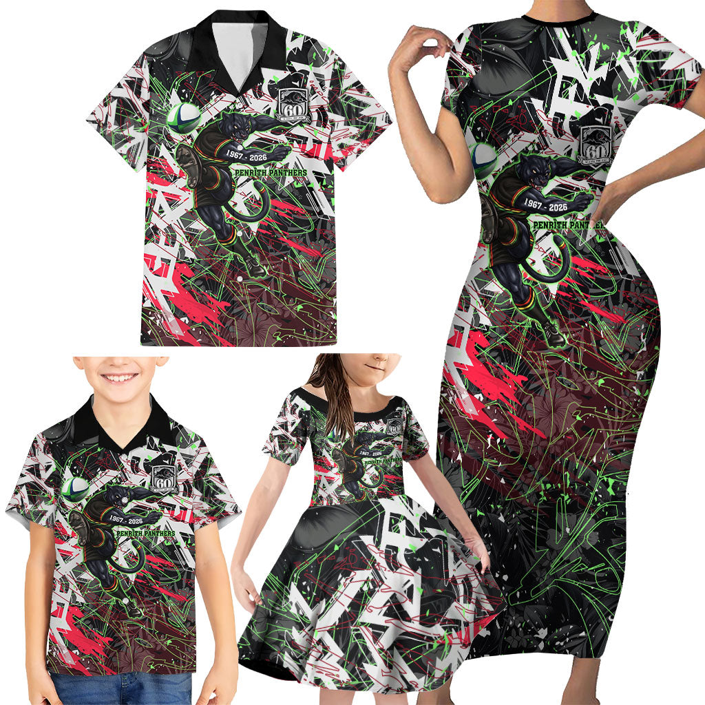 Personalised Penrith Panthers 60th Anniversary Family Matching Short Sleeve Bodycon Dress and Hawaiian Shirt Abstract Graffiti - Dynamic Mascot Illustration 2026