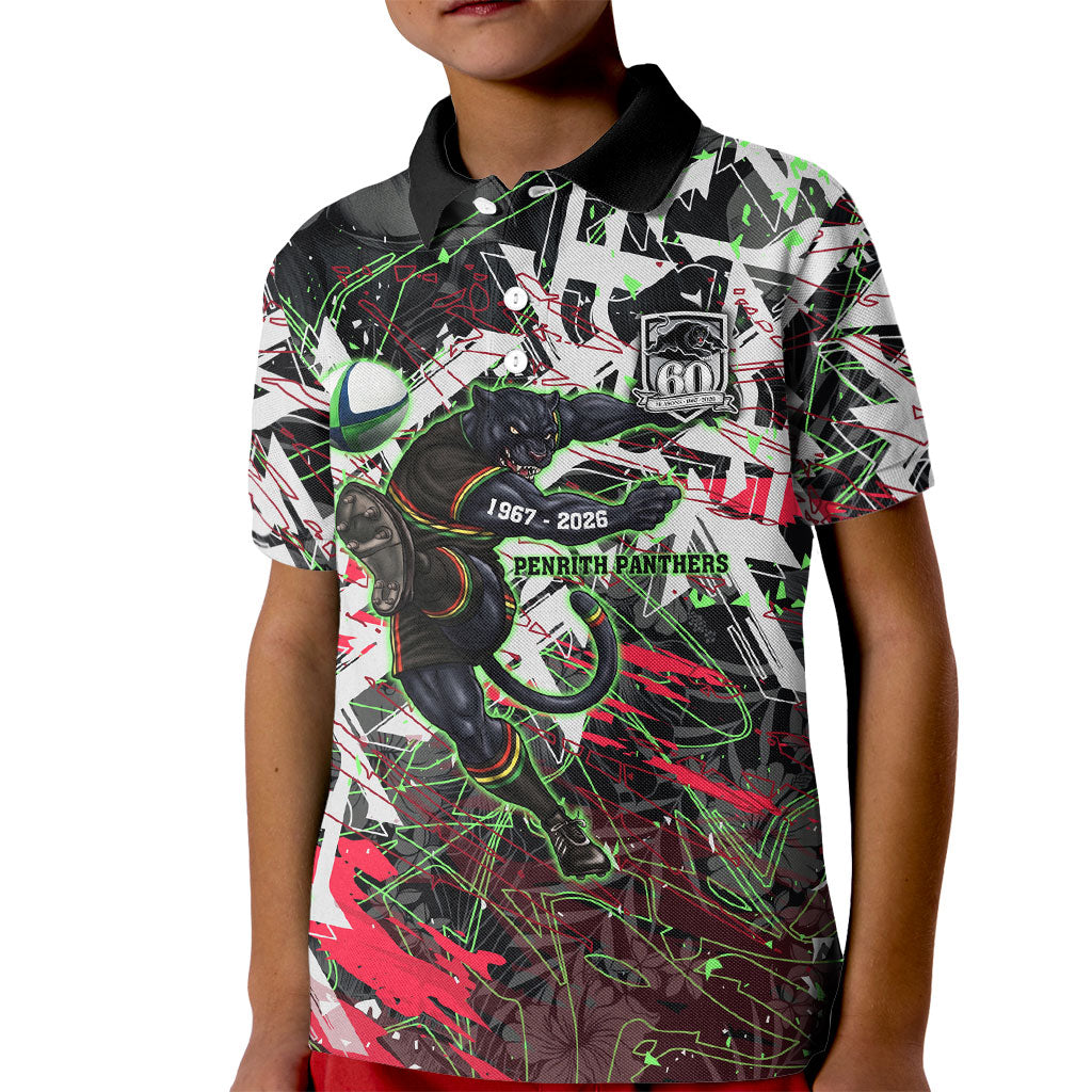 Personalised Penrith Panthers 60th Anniversary Kid Polo Shirt Abstract Graffiti - Dynamic Mascot Illustration 2026