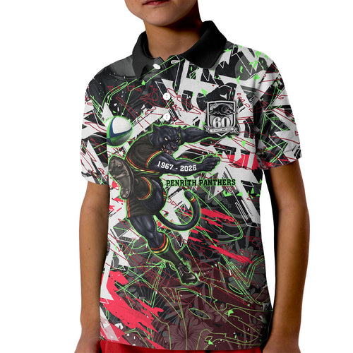 Personalised Penrith Panthers 60th Anniversary Kid Polo Shirt Abstract Graffiti - Dynamic Mascot Illustration 2026