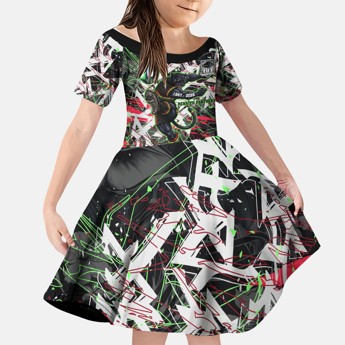 Personalised Penrith Panthers 60th Anniversary Kid Short Sleeve Dress Abstract Graffiti - Dynamic Mascot Illustration 2026